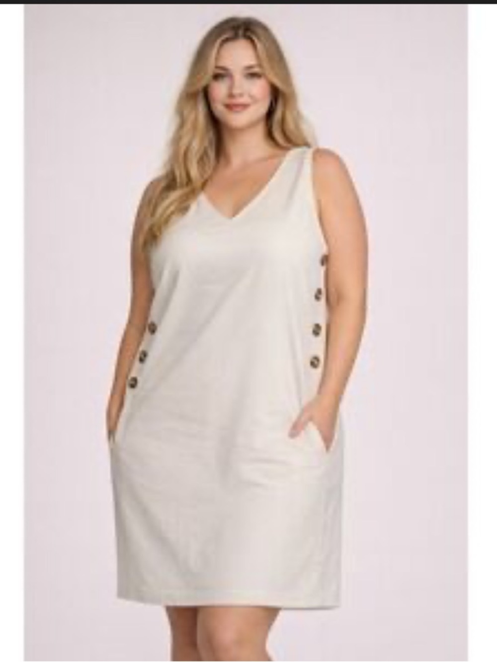 Betabrand Cream Sleeveless V-Neck Tunic with Side Button Detail